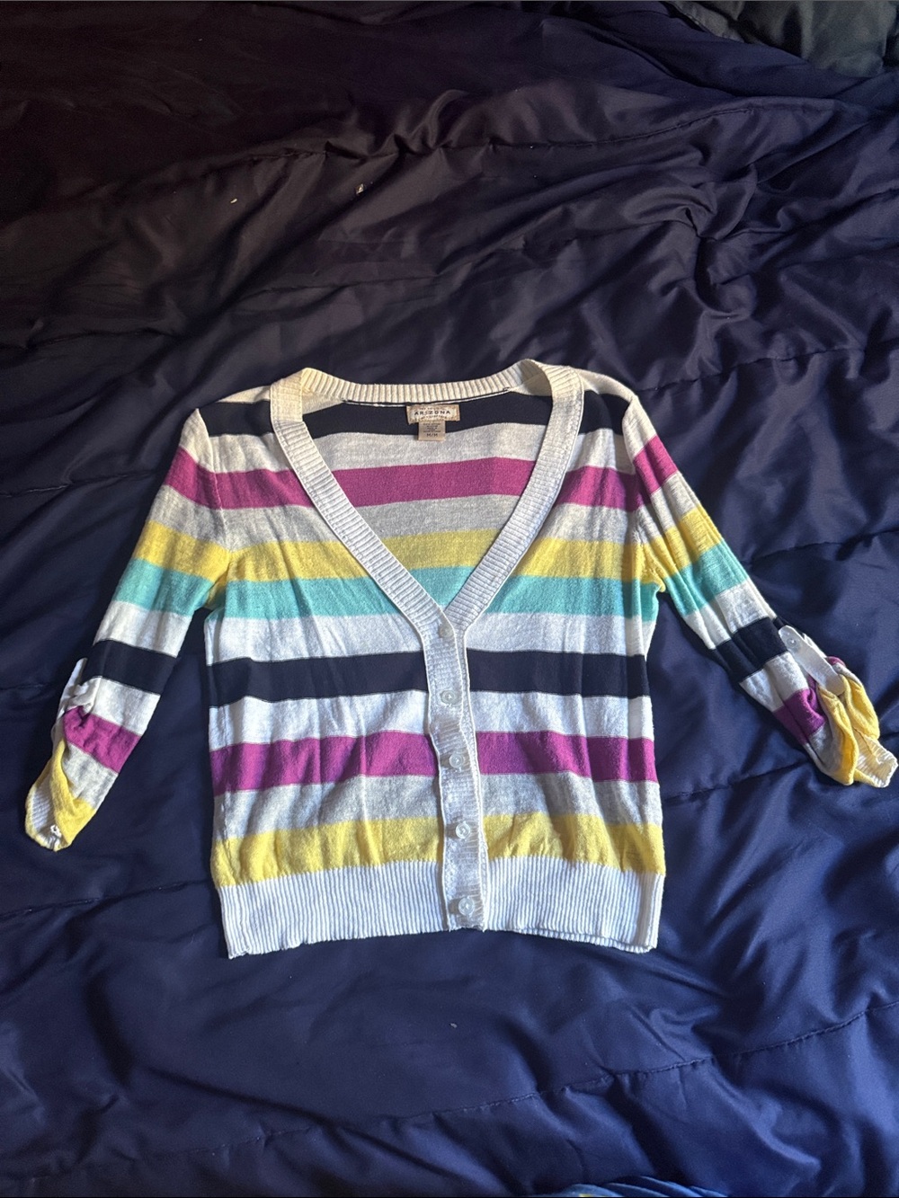 Arizona Jean Company Striped V-Neck Cardigan White, Pink, Yellow, Teal & Black
